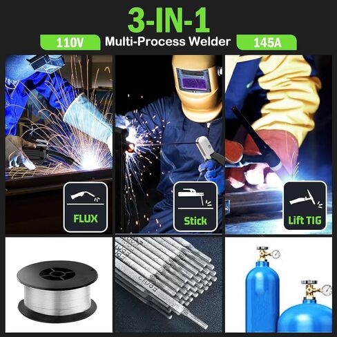 145A Mig Welder, 110V Flux Core Wire Feed/Stick/Lift Tig 3 In 1 Welding Machine, Galess Welder Machine with IGBT Inverter and Large LCD Display, Ideal for Home DIY and Industrial Use in Saudi Arabia