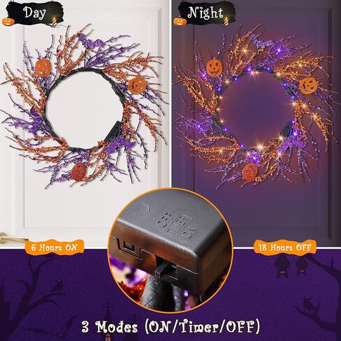 Enhon 20 بوصة مضاءة عيد الهالوين الخفافيش إكليل الديكور، 40 أضواء LED أرجوانية برتقالية 8 أوضاع تعمل بالبطارية إكليل فرع برتقالي أرجواني مع مؤقت للمنزل الأمامي الباب الداخلي ديكور الحائط الخارجي in Kuwait