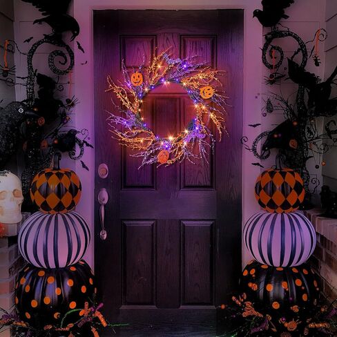 Enhon 20 بوصة مضاءة عيد الهالوين الخفافيش إكليل الديكور، 40 أضواء LED أرجوانية برتقالية 8 أوضاع تعمل بالبطارية إكليل فرع برتقالي أرجواني مع مؤقت للمنزل الأمامي الباب الداخلي ديكور الحائط الخارجي in Kuwait