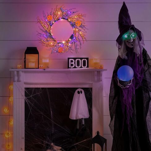 Enhon 20 بوصة مضاءة عيد الهالوين الخفافيش إكليل الديكور، 40 أضواء LED أرجوانية برتقالية 8 أوضاع تعمل بالبطارية إكليل فرع برتقالي أرجواني مع مؤقت للمنزل الأمامي الباب الداخلي ديكور الحائط الخارجي in Kuwait