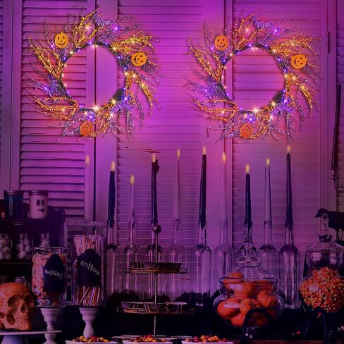 Enhon 20 بوصة مضاءة عيد الهالوين الخفافيش إكليل الديكور، 40 أضواء LED أرجوانية برتقالية 8 أوضاع تعمل بالبطارية إكليل فرع برتقالي أرجواني مع مؤقت للمنزل الأمامي الباب الداخلي ديكور الحائط الخارجي in Kuwait