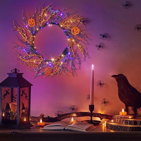 Enhon 20 بوصة مضاءة عيد الهالوين الخفافيش إكليل الديكور، 40 أضواء LED أرجوانية برتقالية 8 أوضاع تعمل بالبطارية إكليل فرع برتقالي أرجواني مع مؤقت للمنزل الأمامي الباب الداخلي ديكور الحائط الخارجي in Kuwait
