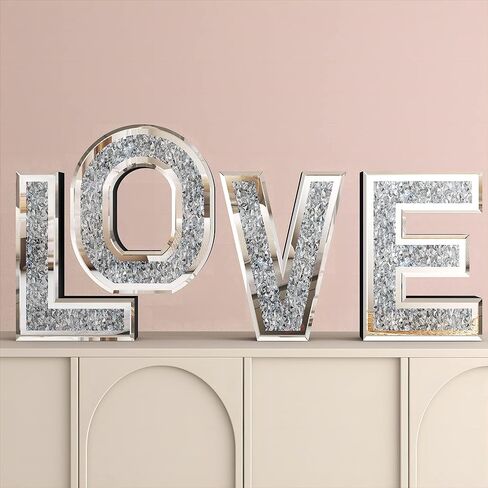 SHYFOY Love Letter Sign Living Room Decor, Mirrored Love Home Decoration for Tabletop & Wall-mount, Crystal Diamond Decorative Wall Mirrors Set for Wedding Centerpiece, Independent (4 PCS) in Kuwait