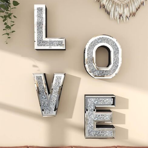 SHYFOY Love Letter Sign Living Room Decor, Mirrored Love Home Decoration for Tabletop & Wall-mount, Crystal Diamond Decorative Wall Mirrors Set for Wedding Centerpiece, Independent (4 PCS) in Kuwait