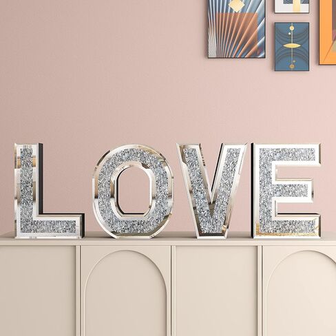 SHYFOY Love Letter Sign Living Room Decor, Mirrored Love Home Decoration for Tabletop & Wall-mount, Crystal Diamond Decorative Wall Mirrors Set for Wedding Centerpiece, Independent (4 PCS) in Kuwait