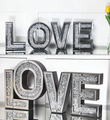 SHYFOY Love Letter Sign Living Room Decor, Mirrored Love Home Decoration for Tabletop & Wall-mount, Crystal Diamond Decorative Wall Mirrors Set for Wedding Centerpiece, Independent (4 PCS) in Kuwait