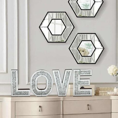 SHYFOY Love Letter Sign Living Room Decor, Mirrored Love Home Decoration for Tabletop & Wall-mount, Crystal Diamond Decorative Wall Mirrors Set for Wedding Centerpiece, Independent (4 PCS) in Kuwait