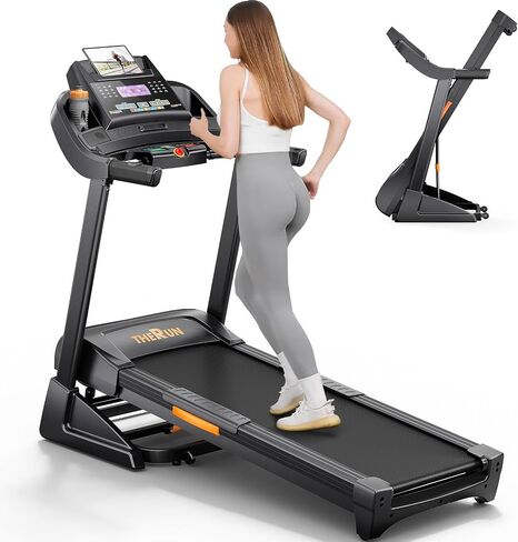 جهاز مشي THERUN Incline، جهاز مشي للجري والمشي، جهاز مشي قابل للطي بسعة 300 رطل مع انحدار تلقائي 0-15%، حزام عريض، 3.5 حصان، تطبيق، معدل ضربات القلب، أسود in Kuwait