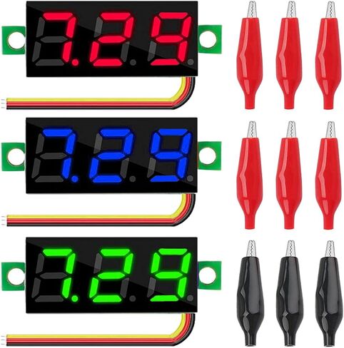 3PCS DC 0-100V Mini Digital Voltmeter 0.36 Inch 3 Color Red Green Blue LED Display Three-Wire Voltage Tester with 9PCS Alligator Clip in Saudi Arabia
