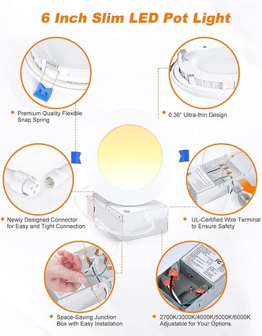 6 Inch 12W 5CCT LED Recessed Ceiling Light with Junction Box, 2700K/3000K/4000K/5000K/6000K Selectable, 1300LM Brighter Canless Dimmable Downlight Wet Location Approved (6 Pack) in Saudi Arabia