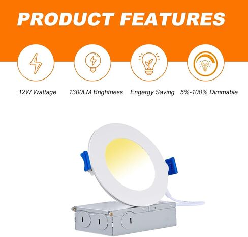 6 Inch 12W 5CCT LED Recessed Ceiling Light with Junction Box, 2700K/3000K/4000K/5000K/6000K Selectable, 1300LM Brighter Canless Dimmable Downlight Wet Location Approved (6 Pack) in Saudi Arabia