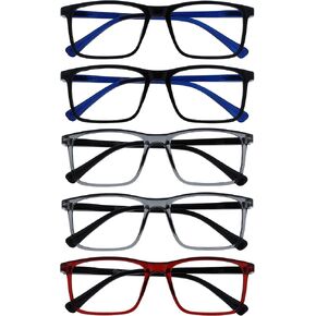 OPULIZE Ink Reading Glasses 5 Pack Large Rectangular Frame Black Transparent Grey Dark Red Spring Hinges Scratch Resistant Mens Womens RRRRR4-1177Z +1.00