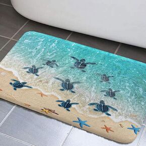 JAWO Turtle Bathroom Rugs, Turtle Ocean Beach Themed Bathroom Rugs Sea Turtle Bathroom Rugs for Bathroom Seashells Starfish Absorbent Bathroom Rug for Kitchen Bathroom Bedroom Living Room (17"X29")