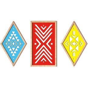 3 Pieces Rustic Boho and Aztec Diamond Hollow-Out Wooden Aesthetic Wall Decoration (Blue+red+Yellow)