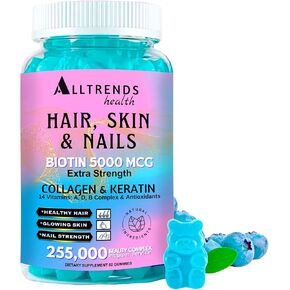 Alltrends Health Hair, Skin and Nails, Gummies Vitamins | Biotin 5000 mcg | Hydrolyzed Collagen 50 mg | Hydrolyzed Keratin 200 mg | Vitamins A,D,B Complex & Antioxidants | GMO-FREE | 60 Gummies.