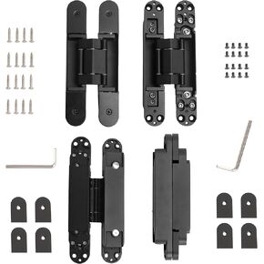 4-Pack 7 inch Black Invisible Door Hinges,Heavy Duty Zinc Alloy Hidden Hinges, Concealed 180 Degree Swing Hinge, 3 Way Adjustable Butt Hinge