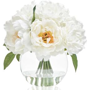 WELL KNOWN Artificial Flowers in Vase, Artificial Flowers for vase with Faux Water for Coffee Table Decor, Silk Fake Flower Arrangements Peonies Table Centerpieces (Blue)