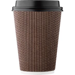 [100 SET]Harvest Pack 12 oz Disposable Coffee Cups, Insulated Ripple Double-Walled Paper Cup with Lid, Brown Geometric, Tea Hot Chocolate Drinks To go coffee cups