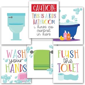 Hadley Designs 6 Reversible Kids Colorful Bathroom Decor Wall Art 8x10, Funny Bathroom Wall Decor, Kids Bathroom Decor For Bathroom Pictures, Bathroom Rules Wall Decor, Funny Bathroom Signs Decor