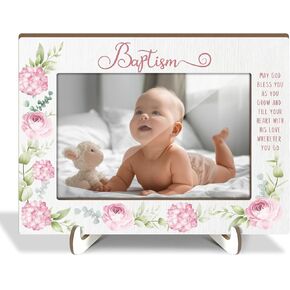 Baptism Gifts Picture Frames for Girl, Floral Photo Frames Wood Photo Frames Christening Gifts for Girls Religious Gifts for Daughter, Tabletop Display 4x6 Photo Home Living Room Decorations -012