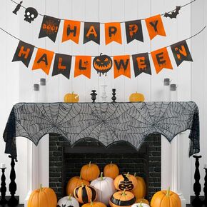 Halloween Decorations Indoor Set Fireplace Mantel Scarf Cover Black Lace Spiderweb Table Runner for Kitchen Halloween Banner with 3D Bat for Halloween Party Decorations Indoor
