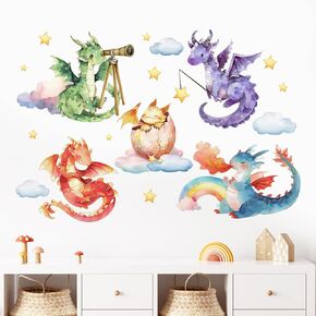 Mfault Baby Dragon Wall Decals Stickers, Cartoon Castle Crown Sword Shield Decoration Nursery Kids Bedroom Art, Fire Stars Cloud Toddler Girls Boys Playroom Living Room Home Decor