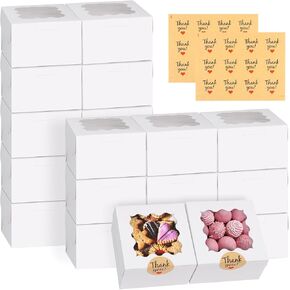 WINKIO 24pcs Cookie Boxes, 4x4x2.5 Inches Bakery Boxes with Window, Mini Cake Boxes, Treat Boxes, Dessert Boxes, Pastry Boxes for Donuts Macaroon Chocolate Candy (with Stickers)