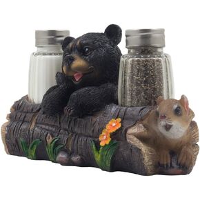 Decorative Black Bear and Squirrel Friend on Log Salt & Pepper Shaker Set Figurine Display Stand in Rustic Lodge Table Decorations or Cabin Kitchen Decor Sculptures As Gifts for Friends