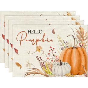 Artoid Mode Orange Hello Pumpkin Leaves Fall Placemats Set of 4, 12x18 Inch Autumn Thanksgiving Harvest Watercolor Table Mats for Dining Party Decoration