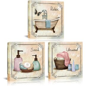 SkenoArt Bathroom Canvas Wall Art Relax Soak Unwind Quote Picture Print Vintage Paintings Posters Great Gift Home Artwork Framed Ready to Hang 12x12inchx3Pieces