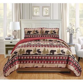Rustic Western Southwestern Quilt Bedspread Set with Native American Designs Grizzly Bears and Moose Roaming The Great American Outdoors Pine Forest (Forest Bear - Full/Queen)