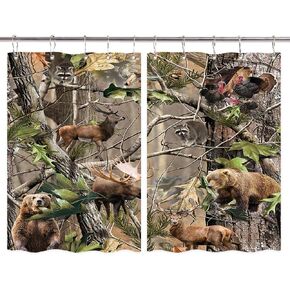 JAWO Camo Hunting Kitchen Window Curtains, Wildlife Animal Hunting Deer Bear Elk Turkey Real Tree Kitchen Window Treatment Set, Window Drapes 2 Panels Set with 10Pcs Metal Hooks, 55 W X 39 L Inches
