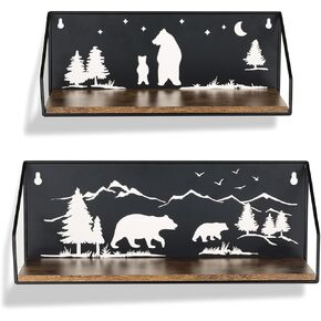 Shelf Bear Wall Decor - Cabin Shelves for Bathroom - Rustic Floating Hanging Black Nursery Decorations for Display Set of 2