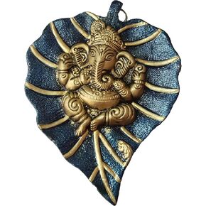 PARIJAT HANDICRAFT Ganesha on Leaf Lord Metal Ganesha Wall Hanging Hand craved Metal for Home & Office Decor (Blue-Golden)