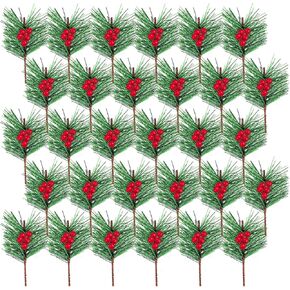 WILLBOND 20 Pieces Christmas Artificial Pine Branches 100 Pieces Christmas Holly Berries Artificial Red Berry Stems Picks for Wreath Holiday Decorations DIY Xmas Home Decor