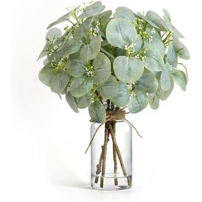 Artificial Eucalyptus Stems in Clear Glass Vase with Faux Water, 14" Fake Plant Eucalyptus Leaves White Seeds for Office Home Farmhouse Wedding Centerpiece Table Decor (Light Green & Red)