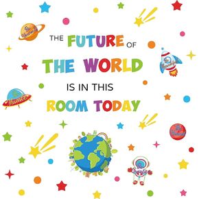 L1rabe Back to School 8Pcs Colorful Inspirational Quote Wall Decal, First Day of School Earth Universe Space Planet Themed Motivational Wall Stickers Decoration for Home School Classroom Nursery Decor