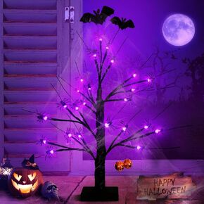 Spider Lights Tree for Halloween Decoration,2Ft Black Spooky Tree with Spider,Web,Bat and Pumpkin Bell Halloween Tree Decorations,Battery and USB Black Halloween Tree for Home Desktop Halloween Decor