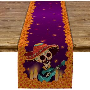 Sugar Skull Table Runner Mexico Dia De Los Muertos Marigold Coco Rustic Linen Day of The Dead Altar Decoration for Home Kitchen Dining Room -13x72 inch