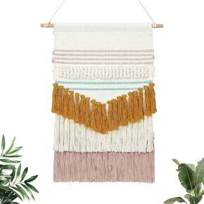 LOMOHOO Macrame Wall Hanging Woven Tapestry with Tassel Tufted Colorful Geometry Tapestries Blue Yellow Pink Bohemian Art Boho Chic Decor Bedroom Apartment Home Decoration(Pink and Yellow)