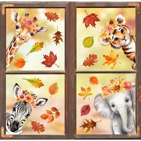 Whaline 4 Sheet Autumn Stickers Fall Maple Leaves Safari Wild Animals Window Art Seasons Clings Watercolor Reusable Window Decals for Thanksgiving School Office Accessories Toddler Party Supplies