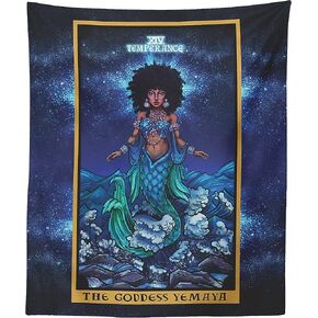 The Goddess Yemaya Temperance Tarot Card Tapestry - African Yoruba Mermaid Goddess Pagan Witch Wall Hanging Home Decor (60" x 50")