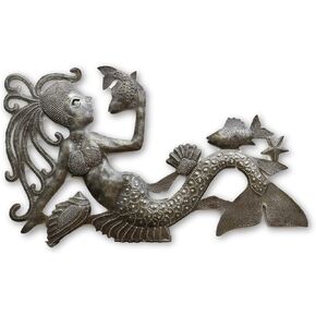 ديكور حائط بحري، حورية البحر تتحدث مع الأسماك، لوحات الحياة الختمية المزخرفة، للاستخدام الداخلي والخارجي، مصنوعة يدويًا 17 × 10 بوصة in Kuwait