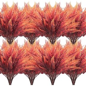 Tunnkit - Artificial Ferns Fall Outdoor Fake Plants Autumn Red Boston Ferns for Porch Window Flower Bed Garden（16 Bundles）