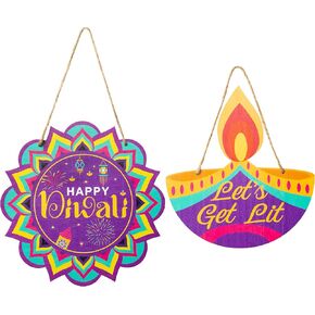 Haooryx 2Pcs Diwali Wood Hanging Door Sign, Happy Diwali Door Sign Plaque with Hanging Rope Indian Festival of Lights Party Front Door Wall Porch Wooden Hanging Welcome Decorations Supplies Home Decor