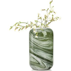 Goaste Green Glass Flower Vase, 8 Inch Decorative Premium Glass Bottle, Aesthetic Cylinder Bud Vase, Modern Hand Blown Vase with Cloud Pattern for Centerpieces, Wedding, Dining Table, Arrangement