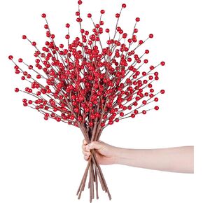 Sggvecsy 15 Pcs Artificial Red Berry Stems Christmas Red Berries Holly Berry Branches Fake Burgundy Berry Picks for Floral Arrangements Christmas Tree Holiday Home Xmas DIY Crafts Decor (Red)