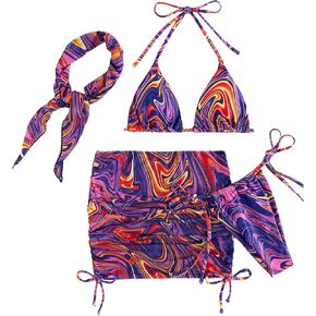 SOLY HUX Women's 4 Piece Swimsuits Triangle Bikini Bathing Suits with Mesh Beach Skirt & Bandana Bikini Sets