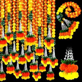 Riceshoot 10 Pcs Marigold Garland for Decoration with Light 5 ft Orange Artificial Marigold Flowers Diwali Hanging Decorations Indian Faux Flower for Home Pooja Diwali Rangoli Wedding Day of The Dead