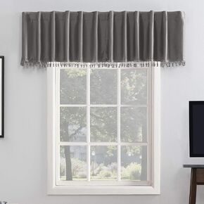 Sun Zero Greyson Faux Dupioni Silk Beaded Tassels Thermal Extreme Total Blackout Back Tab Curtain Valance, 50" x 17", Gray
